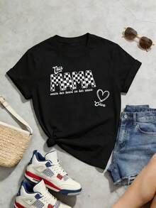 Damen Sommer T-Shirt Lässig Weich Rundhals Kurzarm Kleidung,Dieses MAMA trägt ihr Herz auf der Zunge Liebe Muster Muster Schwarz - Schwarz - Übersicht 2
