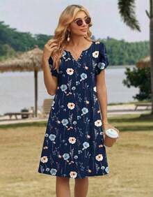 ,Flower Dress Women,2026 Women's Summer Casual Floral V-Neck A-Line T-Shirt Mini Dress Short Sleeve With Pockets Beach Sundress,Casual Summer Dress, Summer Casual Dress, Holiday Choice - 海軍藍色花卉 - 查看 4