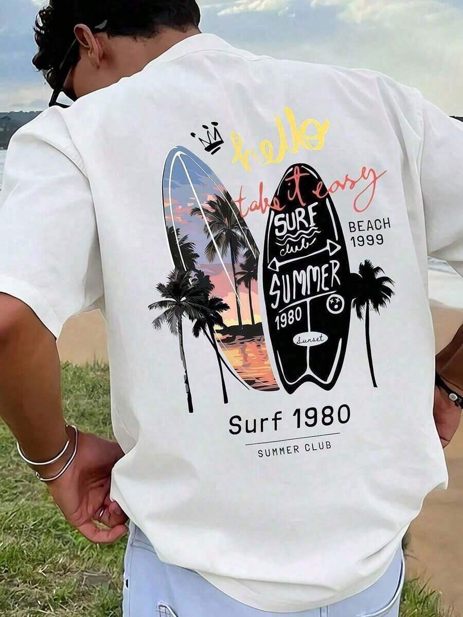 Men's Graphic Print T-Shirt, Summer Beach Outfit, Relaxed Fit, Short Sleeves - Putih - View 1