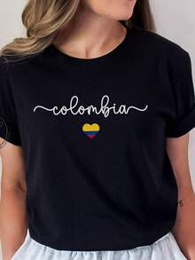 T-Shirt With The Colombian Flag In The Shape Of A Heart, Latin Heritage, Unisex Travel Souvenir - 黑色 - 查看 1