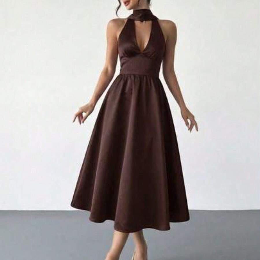 Vestido midi con cuello en V, espalda descubierta y cintura acampanada con lunares retro para mujer, adecuado para el Día de San Valentín, conciertos, actuaciones, citas, fiestas, bodas, sexy, elegante, para ir al trabajo, vuelta al colegio, vacaciones, playa, romántico - Marrón - Ver 1
