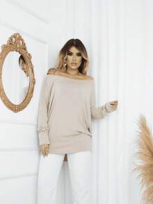 Women's Plain Viscose/Lycra Blouse With Boat Neck, Loose Fit, Fashionable Batwing Print, Long Sleeves - Apricot - View 1