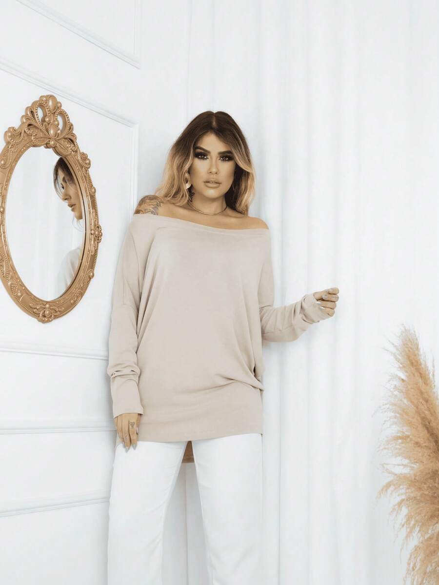 Women's Plain Viscose/Lycra Blouse With Boat Neck, Loose Fit, Fashionable Batwing Print, Long Sleeves - Apricot - View 1