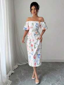 MEXSelianne Vestido de verano elegante de mujer con estampado floral en todo el Body y hombros descubiertosMEX RYPS - Albaricoque - Ver 4