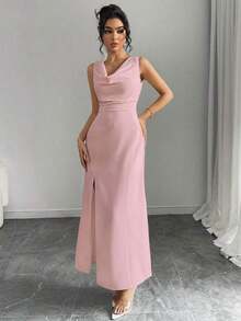 MEXChiquease Vestido elegante de mujer de unicolor con cuello en V, abertura alta y sin mangas, vestido de noche formal, vestido largo sexy, Día de San ValentínMEX GGVP - Rosa - Ver 4