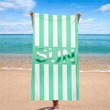 1件清新綠白條紋「SUN」金屬英文字母標語沙灘巾,清爽薄荷綠配純白垂直條紋,極簡乾淨視覺舒適感,搭配亮面金屬「SUN」3D字母,散發陽光活力,親膚面料,適合海邊度假、戶外休閒,展現夏季清新,字母印花,提升旅行風格,適用於多種場景,室內外雙用印花快乾沙灘巾,60x130cm、70x150cm、80x160cm、90x180cm、140x180cm共5種尺寸可選 - A - 查看 3