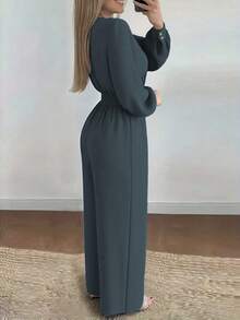 Women's Fashionable Deep V-Neck One-Piece Dress Set, Wide-Legged Smooth Tailoring, Diverse Designs, Suitable For Everyday Casual Wear - 黑色 - 查看 3