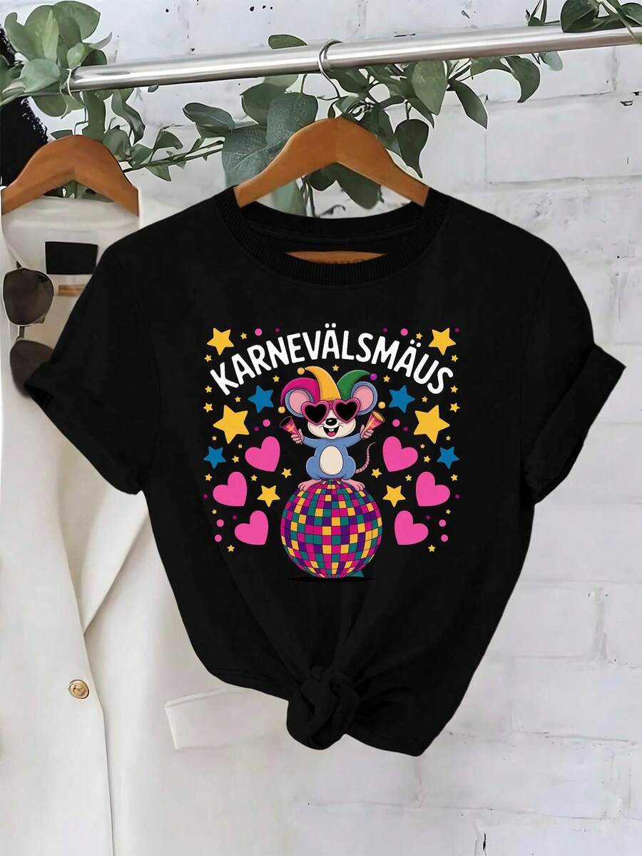 Comfortable And Simple Women's T-Shirt With Carnival Mouse Design - 黑色 - 查看 1