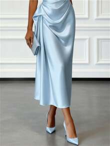 Elegant Satin Pleated Figure-Hugging Evening Gown For Women Chic And Premium V-Neck Midi Dress - Xanh da trời - Xem 3