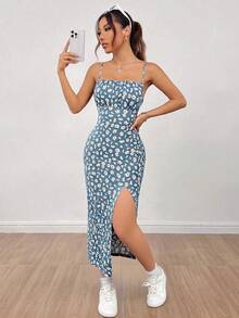 Vestido largo con tirantes estampado de margaritas negro con tajo lateral para mujer casual verano - Azul - Ver 1