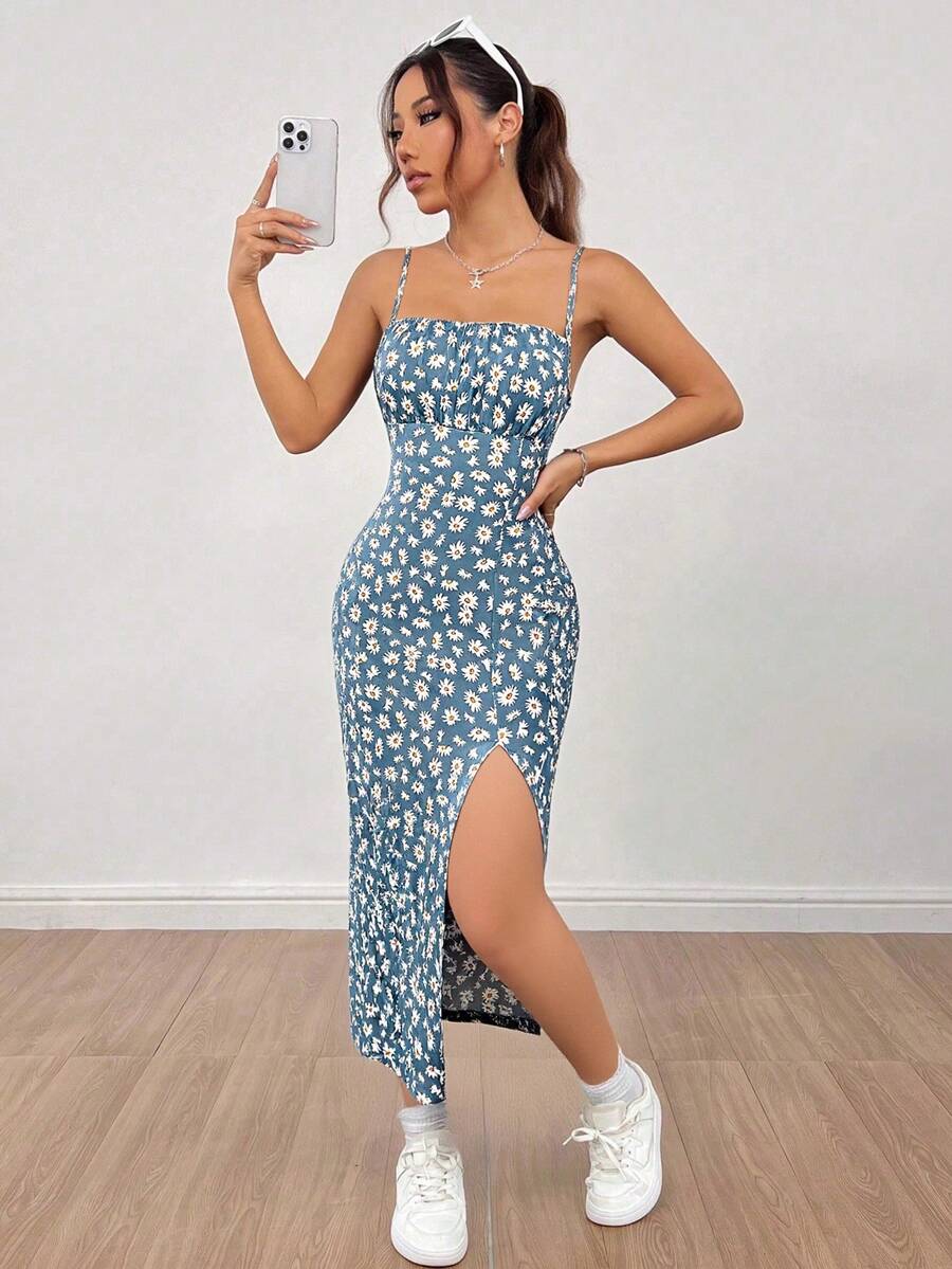 Vestido largo con tirantes estampado de margaritas negro con tajo lateral para mujer casual verano - Azul - Ver 1