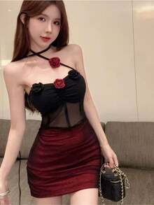 Women Midi Dresses - Rose Red - View 3
