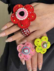Colorful Embroidered Flower Beaded Button Dopamine Flower Resin Ring, Harajuku Creative Y2K Decorative Ring, Cosplay Ring - Multicolor - View 3