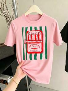 Short-Sleeved, Round-Neck T-Shirt With A Canned Sardine Print, Regular Fit, Suitable For Spring And Summer, White - 粉色 - 查看 5