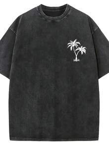 1 pieza de camiseta Holafish con estampado creativo del LOGO de un árbol de coco, de 230 g, color sólido, con hombros en forma de D, camiseta lavada, camiseta vintage de estilo callejero para hombre, camiseta básica, top holgado unisex de estilo hip-hop, camiseta vintage para hombre con efecto lavado ácido, 230 g, 100% algodón. - Negro - Ver 6