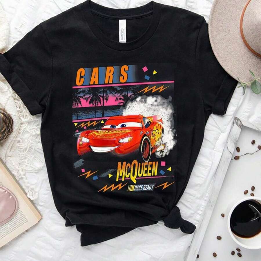 Disney Cars Lightning McQueen Race Ready Tee WDW Magic Oversized Ultra Loose 100% Cotton For Women, Cute Cartoon Print Great For Gifts & Daily Use - Black - View 1