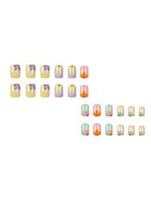 24pcs European Square Short Fake Nails, Colorful Floral Fresh Ins Style Wearable Fake Nails, Full Coverage Removable Nails, Suitable For Party, Ball And Daily Wear - Multicolor - View 3