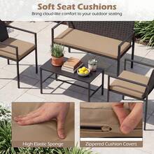 Set Of 4 Garden Furniture Set Rattan Chairs & Loveseat With Tempered Glass Coffee Table Wicker Conversation Sofa Set For Backyard, Garden, Porch, Balcony - Yellow - View 3