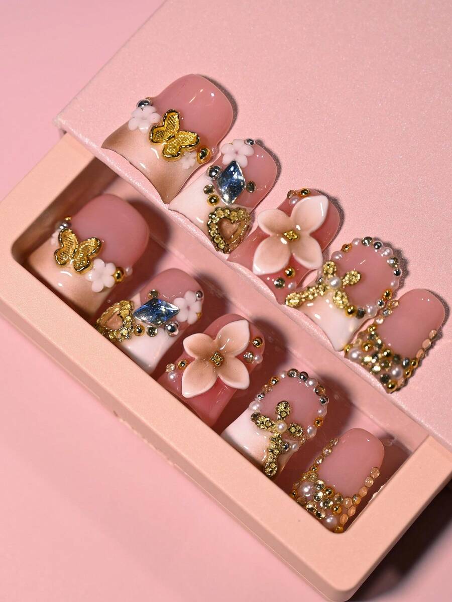 Handmade Reusable Press On Nails, Pink, Brown Gradient Base, 3D Flower Accents, Butterfly Details, Gem Embellishments, Glossy Finish, Elegant Charming Look Summer - Nhiều màu - Xem 1