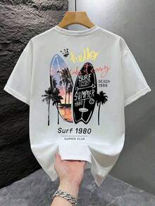 Men's Graphic Print T-Shirt, Summer Beach Outfit, Relaxed Fit, Short Sleeves - Putih - View 2
