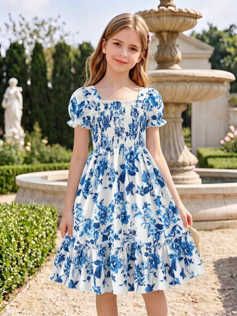 Girls' Sweet Heart Pattern Dress With Puff Sleeves, Ruffle Trim And Flounce Hem, Princess Dress For Summer Beach Holiday Party