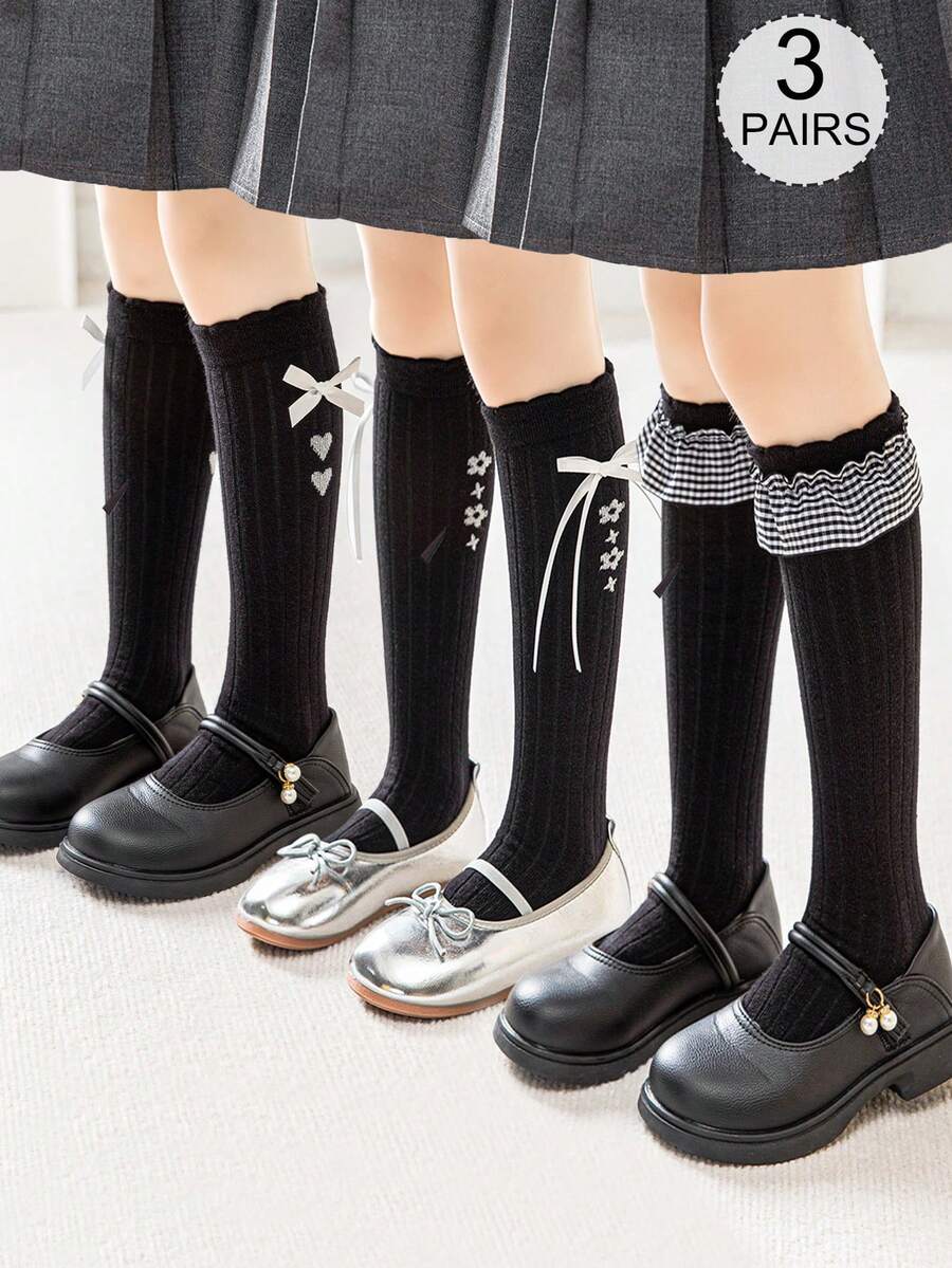 3双装女童长袜，儿童过膝袜，女童婴儿蕾丝袜，黑色、纯色、多色、条纹、花卉图案、荷叶边、直筒、蝴蝶结长袜，可爱、公主风、校园风，秋冬季、四季皆宜，过膝袜，柔软舒适，适合上学、日常穿着、度假、公主派对、学生、女孩穿着 - 彩色 - 查看 1