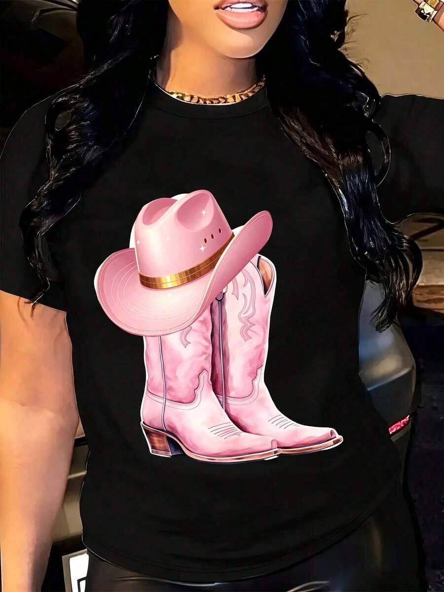 Camiseta Casual de Verano con Estampado de Sombrero y Botas de Vaquero Rosa Estilo Western para Mujer, Regalo para Amantes de las Vaqueras - Negro - Ver 1