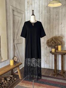 MEXWildy Vestido casual de cuello redondo de manga corta, unicolor, holgado, con encaje, adecuado para salidas y atuendo de aeropuerto, vestido de dinero viejo, vestido para salir, atuendo de maestra, vestidos elegantes para mujeresMEX BCNU - Negro - Ver 4