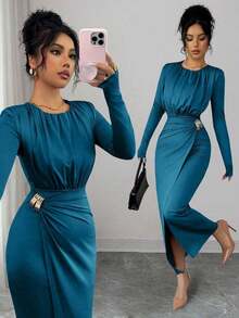 MEXSHEIN Elenzya Vestido de manga larga marrón de uso versátil para Navidad, Año Nuevo, negocios y uso diario, con decoración metálica y cintura ceñida, elegante y de estilo vintage de la calle francesaMEX VYM8 - Agua verde azul - Ver 8