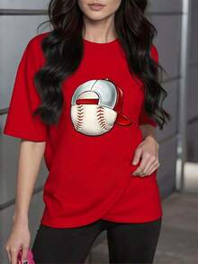 Image Of A Baseball With A Red And Gray Cap Symbolizing Sporting Passion And Youthful Energy. Soft, 100% Cotton Women's T-Shirt, Casual And Comfortable For Everyday Wear. Women's Blouses, Women's Gym Sportswear, Elegant Blouses For Young Women. - 紅色 - 查看 7
