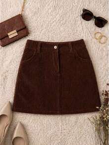 Women's Straight Suede Skirt With Pockets And High Waist - 2026 Winter Corduroy - 鏽棕色 - 查看 2