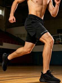Men's Summer Sports Shorts, Built-In Underwear, 2-In-1 Reflective Letter Print, Drawstring Waist, Split Hem, Elastic, Suitable For Fitness, Workout, Running Training, Basketball - Black - View 2