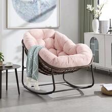 Outdoor Rattan Rocking Chair, Upholstered Swing Seat With Backrest For Front Entrance, Living Room, Patio, Garden - Pink - View 4