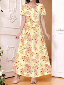 Vestido de punto de manga corta con cuello en V elegante amarillo para primavera/verano con estampado floral diminuto, se puede usar como prenda exterior o interior, adecuado para el trabajo, citas, vacaciones, casual, fiestas, festivales, vestido maxi floral, vestido vintage - Caqui - Ver 9
