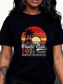 Punta Cana 2026 MAKING MEMORIES Letter Print T-Shirt, Short Sleeve, Round Neck, Casual Top For Summer And Spring, Women's Clothing - 黑色 - 查看 3