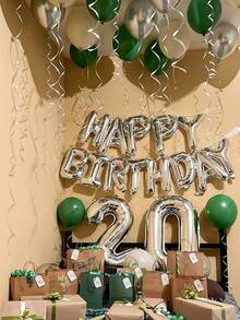 50pcs Green Happy Birthday Decoration Balloon Set, Includes Silver "Happy Birthday" Letter Banner And Silver White Green Latex Balloons, Suitable For Happy Birthday English Letter Arrangement, Party Scene Decoration Happybirthday, Birthday Party, Family Party Background Decoration Supplies - Multicolor - View 7