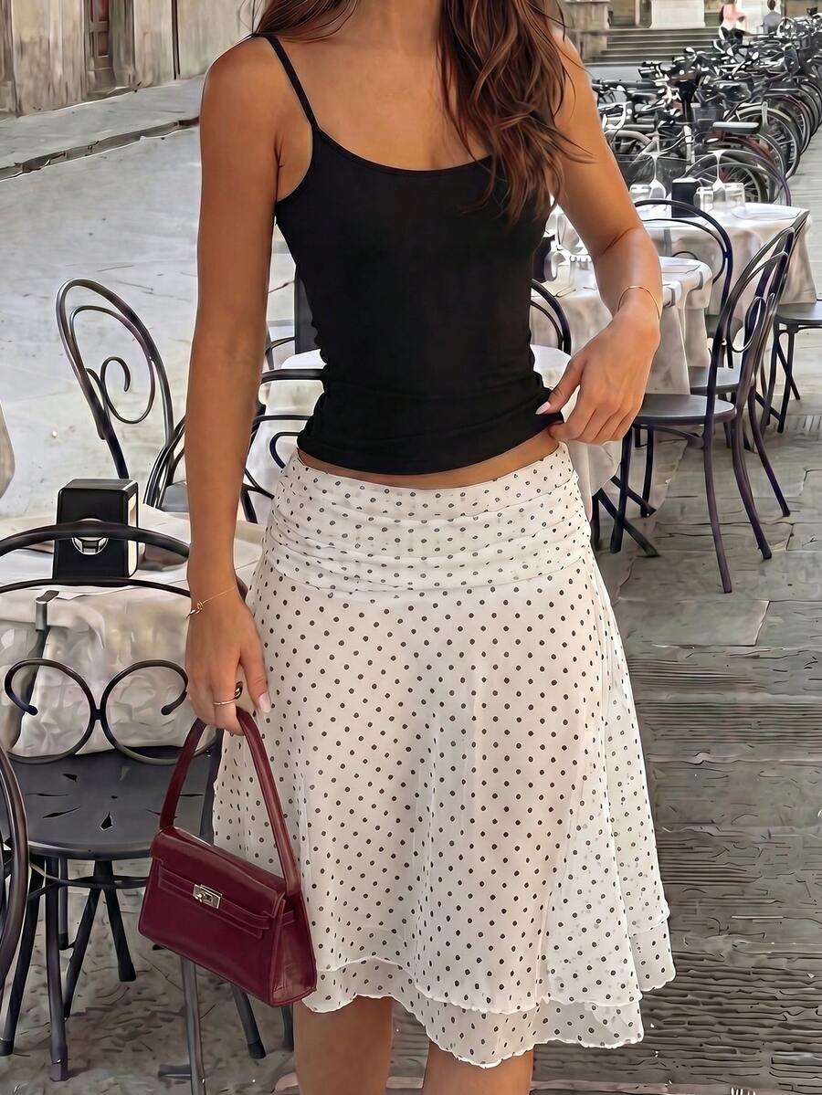 Falda recta de malla de doble capa con estampado de lunares para mujer, ideal para vacaciones en la playa, primavera/verano - Blanco - Ver 1