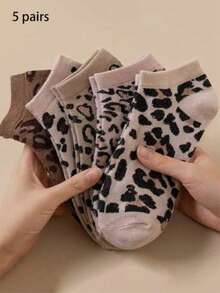 5 Pairs Leopard Print Jacquard Ankle Socks, Low-Cut Non-Slip Socks, Essential For Students And Daily Commute - Multicolor - View 4