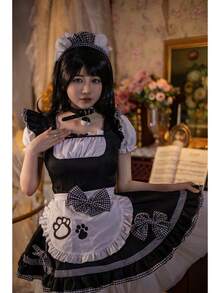 Disfraz de sirvienta clásico en blanco y negro para Halloween, traje de cosplay para espectáculos, estilo chica gato transfronterizo. - Negro + calcetines - Ver 7