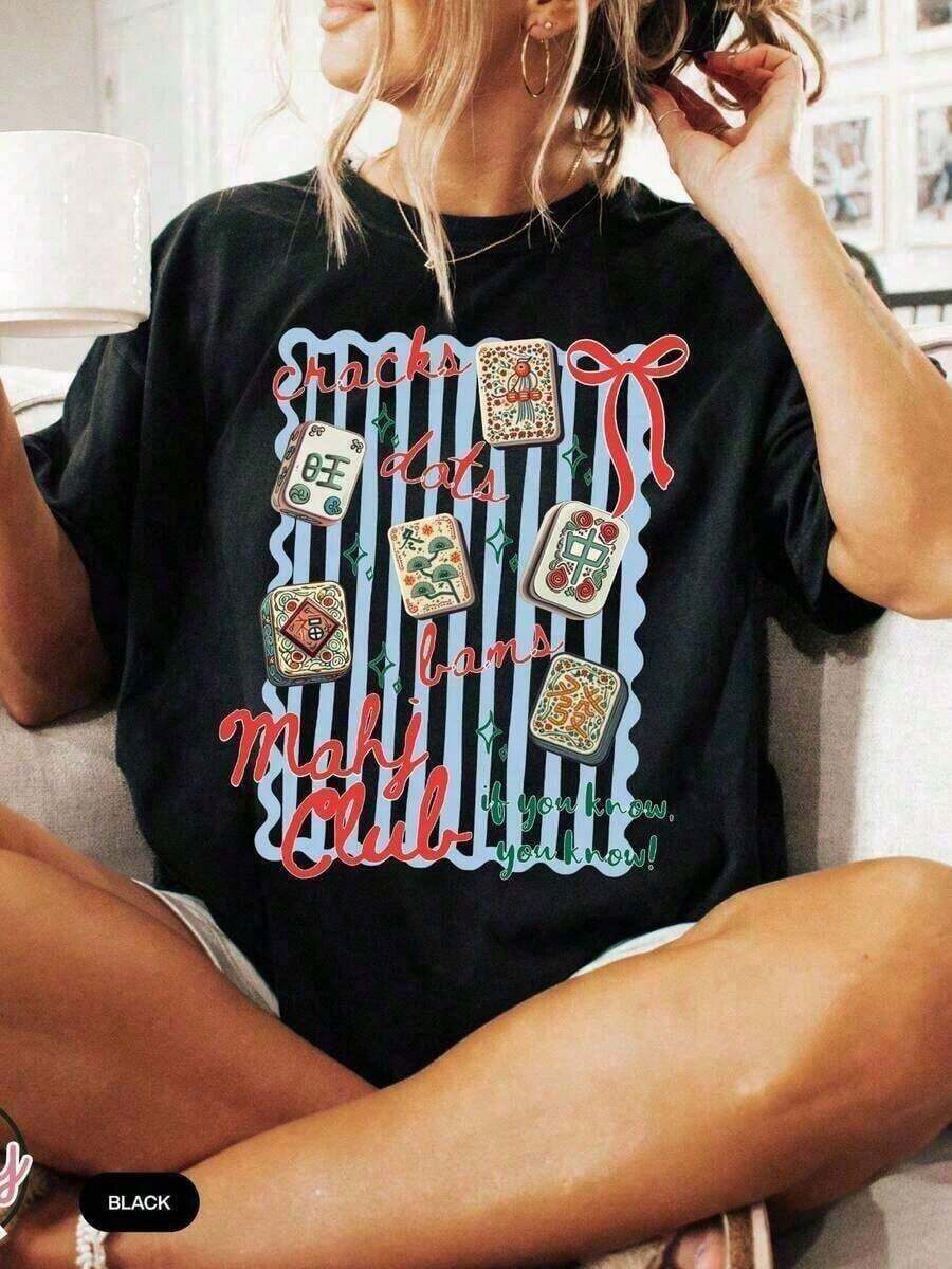 Ropa de Mujer; Camisetas de Verano, Camiseta Mahjong con Diseño de Grietas y Puntos, Camiseta Mahjong para Chicas, Regalo de Mahjong, Ropa de Mahjong para Regalo, Camiseta para Noche de Juegos de Chicas, Camiseta para Juego de Mesa Mahjong, Camisetas Oversize para Mujer, Regalo para el Día de la Madre - Camiseta Vintage de Estilo Urbano Unisex de Algodón Suelto de Manga Corta y Cuello Redondo - Camisetas de Verano de Tallas Grandes, Camisetas Blancas, Camisetas Gráficas para Mujer, Ropa para Vacaciones Tropicales, Ropa para Vacaciones de Mujer, Ropa para Conciertos de Mujer, Ropa de Verano Wowomensummer JXYR - Negro - Ver 1