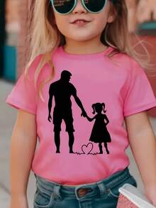 A Short-Sleeved T-Shirt For Girls Featuring A Silhouette Design Of A Father And Daughter Holding Hands. It Is Soft And Skin-Friendly, With A Stylish Design And Exquisite Craftsmanship, Suitable For Both Casual And Sporty Occasions. - 白色 - 查看 6