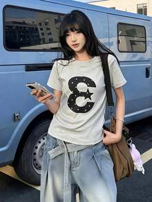 [ 100% Cotton ] Recommended New Products For Summer 2026: Lace Logo T-Shirt, Summer Dress, Women's Fashion T-Shirt, Short Sleeve Office Casual 200g Cotton Cartoon Character Printed Loose White Top, Y2K Women's Top, Spring Dress Top - Light Gray - View 5
