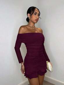 MEXSHEIN  Vestido mini elegante y dulce de manga larga con hombros abiertos, tejido de malla de unicolor, con volantes exagerados en el bajo, adecuado para reuniones de té por la tarde, salidas de moda, citas, salidas dulces, salidas nocturnas, fiestas navideñas, Noche Vieja, atuendos de mujer para vacaciones, vestidos de manga larga, atuendos sexys de mujer, atuendos de mujer para clubes, vestidos mini de manga largaMEX SSZD - Rojo violeta - Ver 4