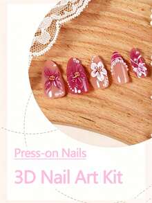 10pcs French Ombre 3D Floral Decor Water Wave Rhinestone Inlaid Fashionable Y2K Fresh Style Glossy Full Cover False Nails, Suitable For Spring, Medium-Long Almond Shape Acrylic Nail Stickers - Multicolor - View 2