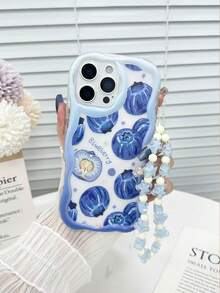 1pc Cream Textured Wavy Edge Blueberry Painted Thick Shockproof Painted Phone Case With Decorative Beaded Bracelet, Compatible With IPhone 16/11/16pro/16plus/16promax/16e/15Promax/13/14/12/XS/XR/7G/8P, Galaxy S25/S25PLUS/S25 Ultra/A16/A36/A26/A56/A50/A12/A32/A52/A72/A51/A21S/A13/A14/S24/S24PLUS/S24Ultra,S22/A52/A53/A54/A55S23/, 11/12Pro/12/12X/13Pro/14Pro/15Pro/, 10/9/Note9/12c/Note11pro/Note8Pro - Multicolor - View 3