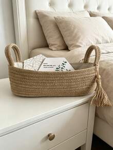 1pc Children's Room Rope Woven Solid Color Desktop Storage Basket, Baby Nursery Bedside Organizer Bin, Baby & Kids Supplies Storage Basket, Home Use Color Block Foldable With Handles, Suitable For Diaper Changing Table, Baby Storage Basket For Diapers And Baby Wipes, Wedding Birthday Gift Box, Doll & Doll Storage, Wedding Decor, Party Gift Supplies, DIY Accessory Storage - Khaki - View 1