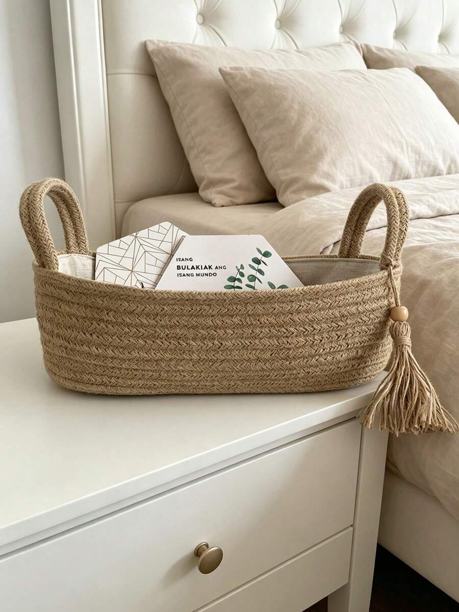 1pc Children's Room Rope Woven Solid Color Desktop Storage Basket, Baby Nursery Bedside Organizer Bin, Baby & Kids Supplies Storage Basket, Home Use Color Block Foldable With Handles, Suitable For Diaper Changing Table, Baby Storage Basket For Diapers And Baby Wipes, Wedding Birthday Gift Box, Doll & Doll Storage, Wedding Decor, Party Gift Supplies, DIY Accessory Storage - Khaki - View 1