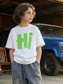 Casual Summer T-Shirt For Boys, Short-Sleeved, Round Neck And Soft Fabric; With A Minimalist Graphic Print Of The Letter "Hi", Ideal For Everyday Wear And Leisure Time. White - 白色 - 查看 7