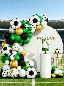 139 piezas Conjunto de arco y guirnalda con tema de fútbol, que incluye globos de papel de aluminio de fútbol de 18", globos de látex con estampado de fútbol de 12", globos metálicos y de látex negros, verdes, blancos y dorados de 5" y 10", adecuado para fiesta de cumpleaños, tema de fútbol, decoración de la Copa del Mundo - Juego de globos de fútbol - Ver 1