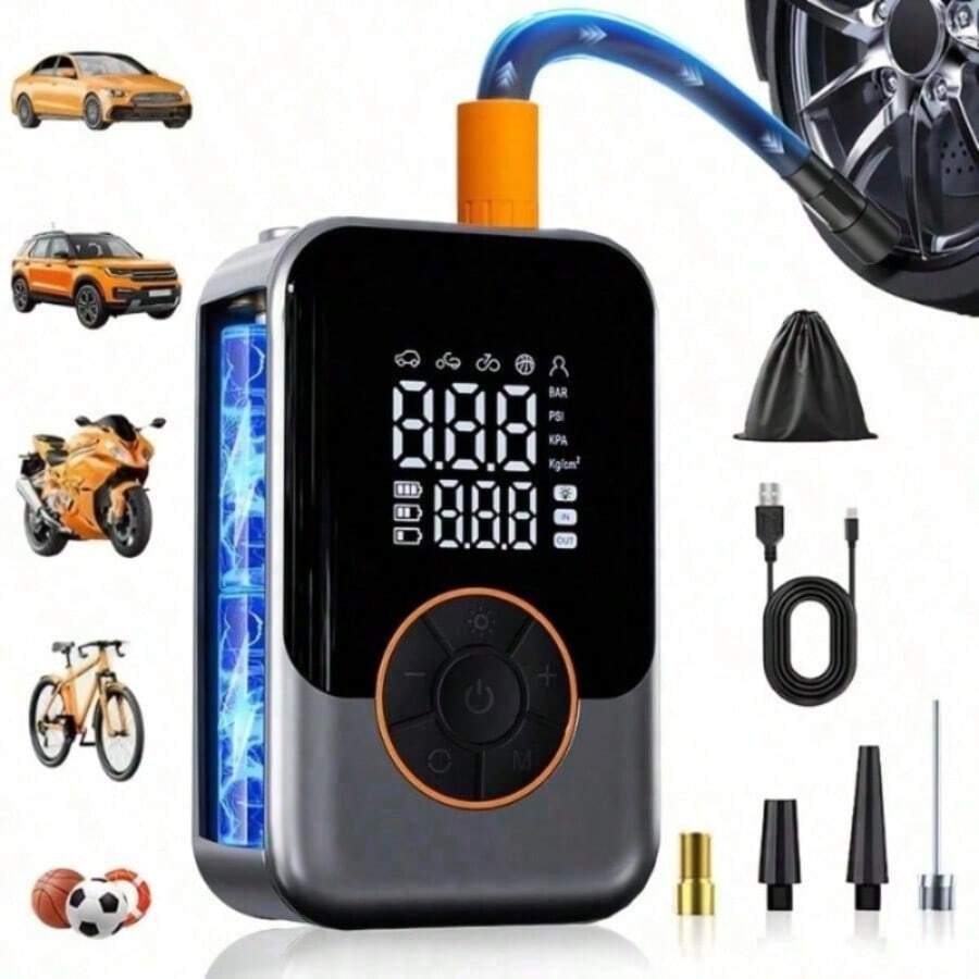 Portable Tire Inflator With Digital Pressure Gauge, LED Light And Multiple Nozzles, Suitable For Cars, Motorcycles, Bicycles And Other Inflatables, 1500mAh 7.4V